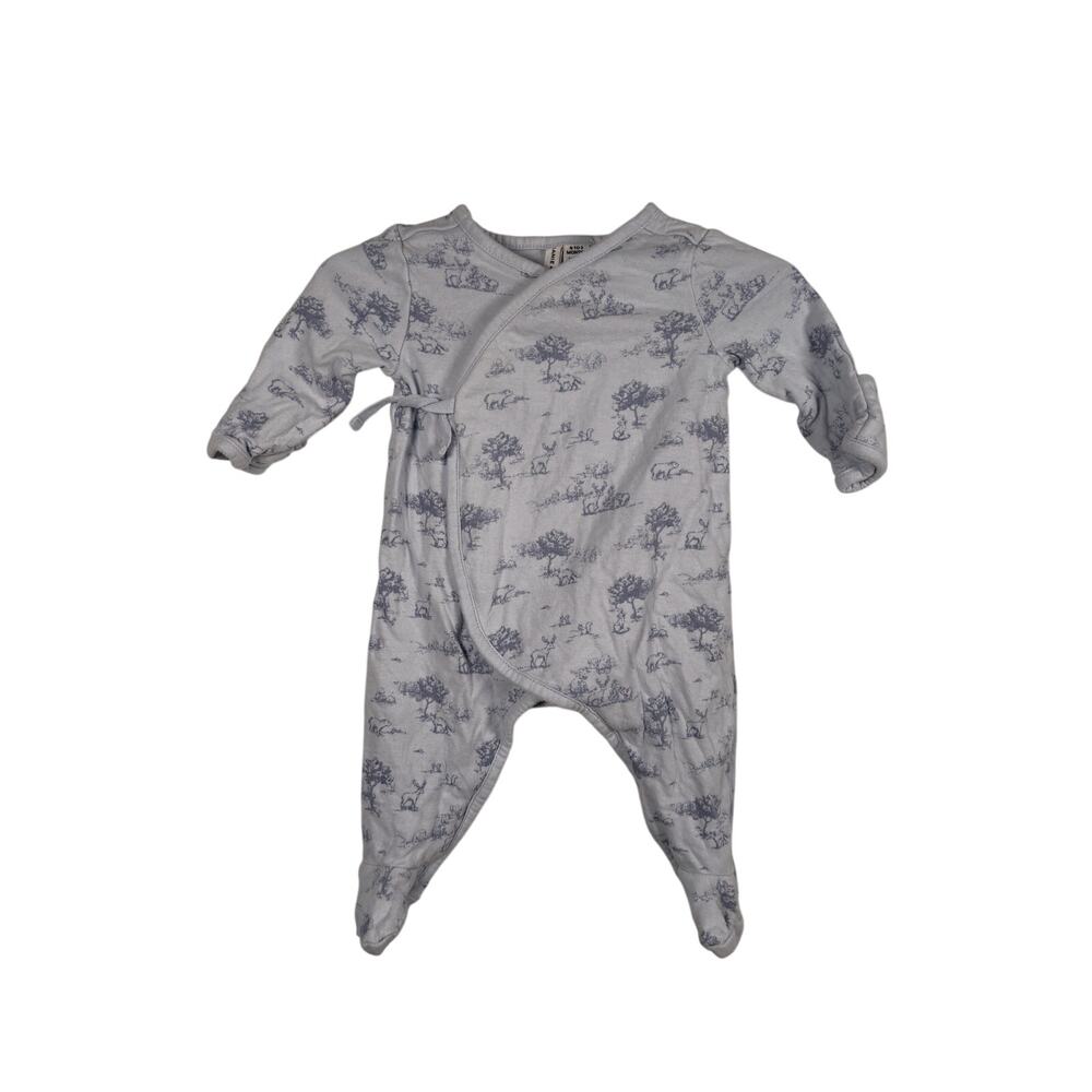 Janie and Jack Footed One Piece Baby 0-3 Months Blue Woodland Toile Kimono Wrap